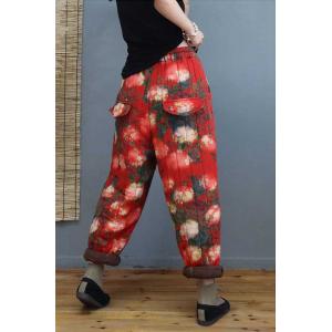 Rose Pattern Red Pants Cotton Padded Folk Pants for Women