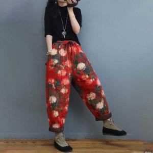 Rose Pattern Red Pants Cotton Padded Folk Pants for Women