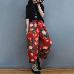 Rose Pattern Red Pants Cotton Padded Folk Pants for Women