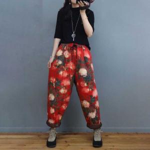 Rose Pattern Red Pants Cotton Padded Folk Pants for Women