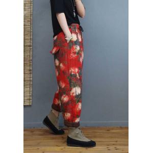 Rose Pattern Red Pants Cotton Padded Folk Pants for Women