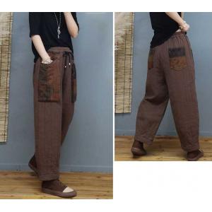 Patchwork Pockets Quilted Carrot Pants Cotton Linen Ethnic Pants