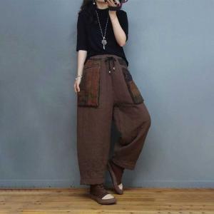 Patchwork Pockets Quilted Carrot Pants Cotton Linen Ethnic Pants