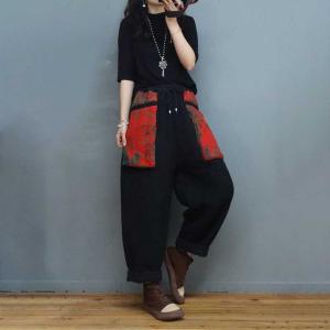 Patchwork Pockets Quilted Carrot Pants Cotton Linen Ethnic Pants