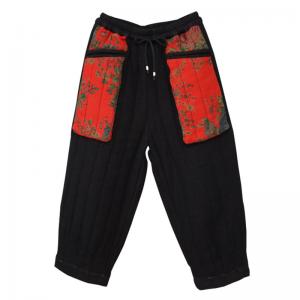 Patchwork Pockets Quilted Carrot Pants Cotton Linen Ethnic Pants