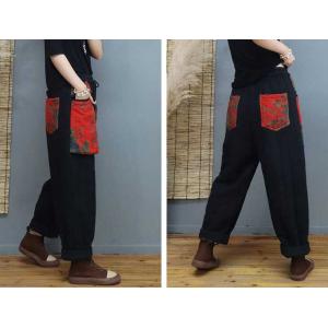 Patchwork Pockets Quilted Carrot Pants Cotton Linen Ethnic Pants