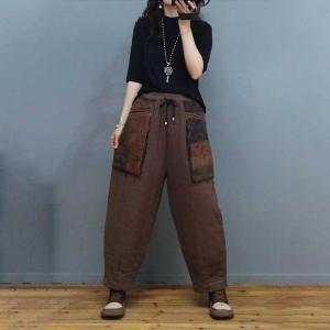 Patchwork Pockets Quilted Carrot Pants Cotton Linen Ethnic Pants