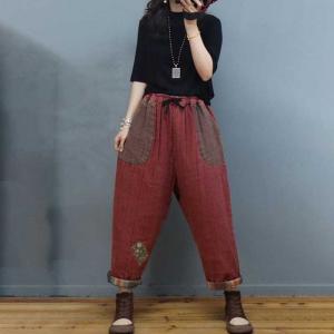 Folk Style Cotton Linen Baggy Pants Floral Patchwork Loose Pants