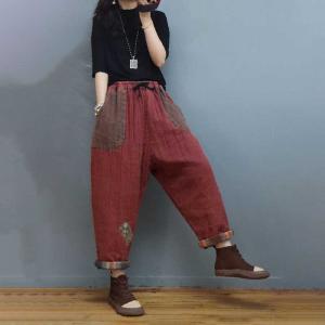 Folk Style Cotton Linen Baggy Pants Floral Patchwork Loose Pants