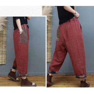 Folk Style Cotton Linen Baggy Pants Floral Patchwork Loose Pants