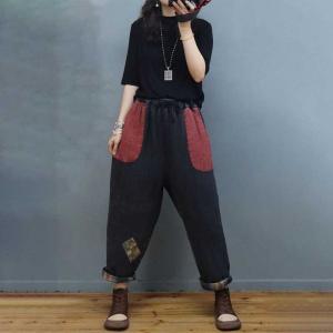 Folk Style Cotton Linen Baggy Pants Floral Patchwork Loose Pants