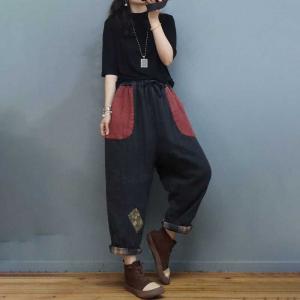 Folk Style Cotton Linen Baggy Pants Floral Patchwork Loose Pants