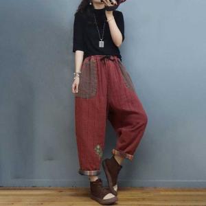 Folk Style Cotton Linen Baggy Pants Floral Patchwork Loose Pants