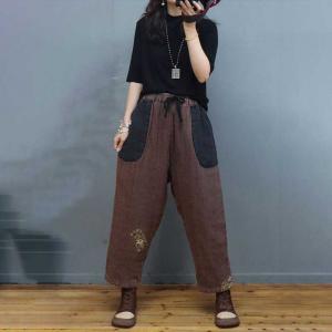 Folk Style Cotton Linen Baggy Pants Floral Patchwork Loose Pants