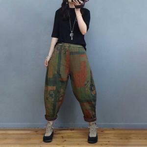 Ethnic Style Cotton Linen Quilted Pants Printed Chinese Pants