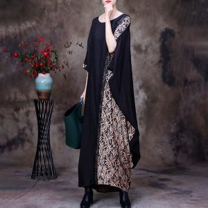 Leaf Printed Silky Flouncing Dress Large Black Modest Dress