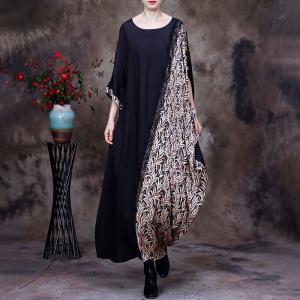 Leaf Printed Silky Flouncing Dress Large Black Modest Dress