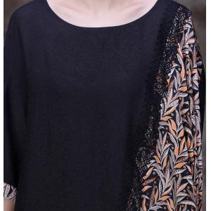 Leaf Printed Silky Flouncing Dress Large Black Modest Dress