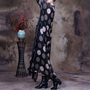 Chinese Buttons Polka Dot Cardigan Loose Silky Black Overcoat