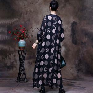 Chinese Buttons Polka Dot Cardigan Loose Silky Black Overcoat