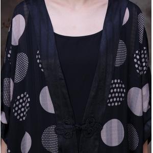 Chinese Buttons Polka Dot Cardigan Loose Silky Black Overcoat