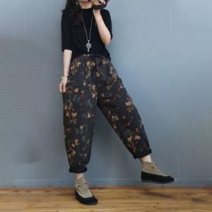 Cotton Linen Chinese Pants Quilted Floral Winter Trousers