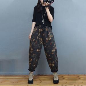 Cotton Linen Chinese Pants Quilted Floral Winter Trousers