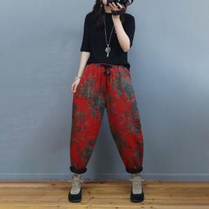 Cotton Linen Chinese Pants Quilted Floral Winter Trousers