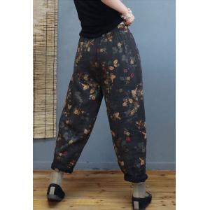 Cotton Linen Chinese Pants Quilted Floral Winter Trousers