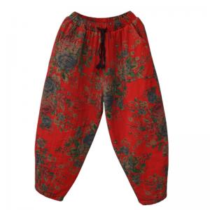 Cotton Linen Chinese Pants Quilted Floral Winter Trousers