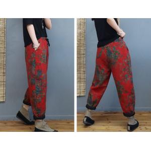 Cotton Linen Chinese Pants Quilted Floral Winter Trousers