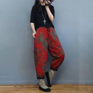 Cotton Linen Chinese Pants Quilted Floral Winter Trousers