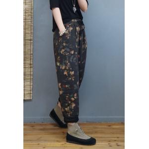 Cotton Linen Chinese Pants Quilted Floral Winter Trousers