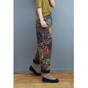 Folk Style Printed Linen Pants Cotton Quilted Loose Pants