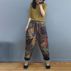 Folk Style Printed Linen Pants Cotton Quilted Loose Pants