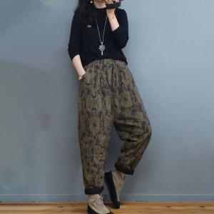 Folk Style Printed Linen Pants Cotton Quilted Loose Pants