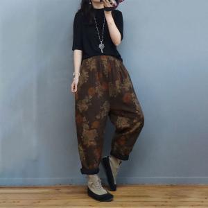 Folk Style Printed Linen Pants Cotton Quilted Loose Pants