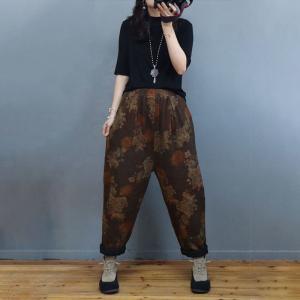 Folk Style Printed Linen Pants Cotton Quilted Loose Pants