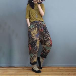 Folk Style Printed Linen Pants Cotton Quilted Loose Pants