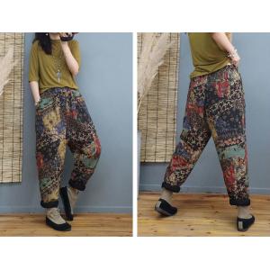 Folk Style Printed Linen Pants Cotton Quilted Loose Pants