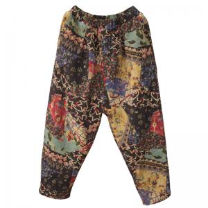 Folk Style Printed Linen Pants Cotton Quilted Loose Pants