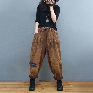 Drawstring Waist Pants Plus Size Plain Corduroy Pants