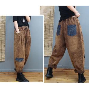 Drawstring Waist Fleeced Pants Plus Size Plain Corduroy Pants