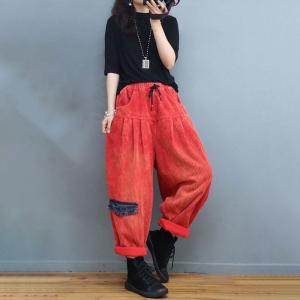 Drawstring Waist Pants Plus Size Plain Corduroy Pants