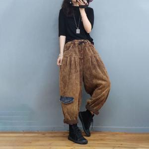 Drawstring Waist Pants Plus Size Plain Corduroy Pants