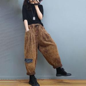 Drawstring Waist Pants Plus Size Plain Corduroy Pants