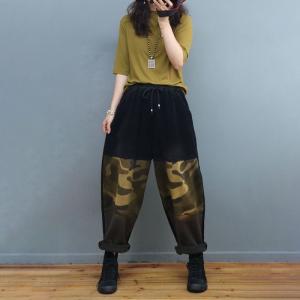 Contrast Color Fleeced Camo Pants Relax-Fit Corduroy Pants