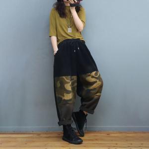 Contrast Color Fleeced Camo Pants Relax-Fit Corduroy Pants