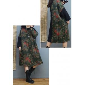 Rose Patterns Cotton Linen Midi Dress Chinese Quilted Puffer Dress