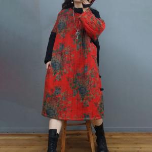 Rose Patterns Cotton Linen Midi Dress Chinese Quilted Puffer Dress